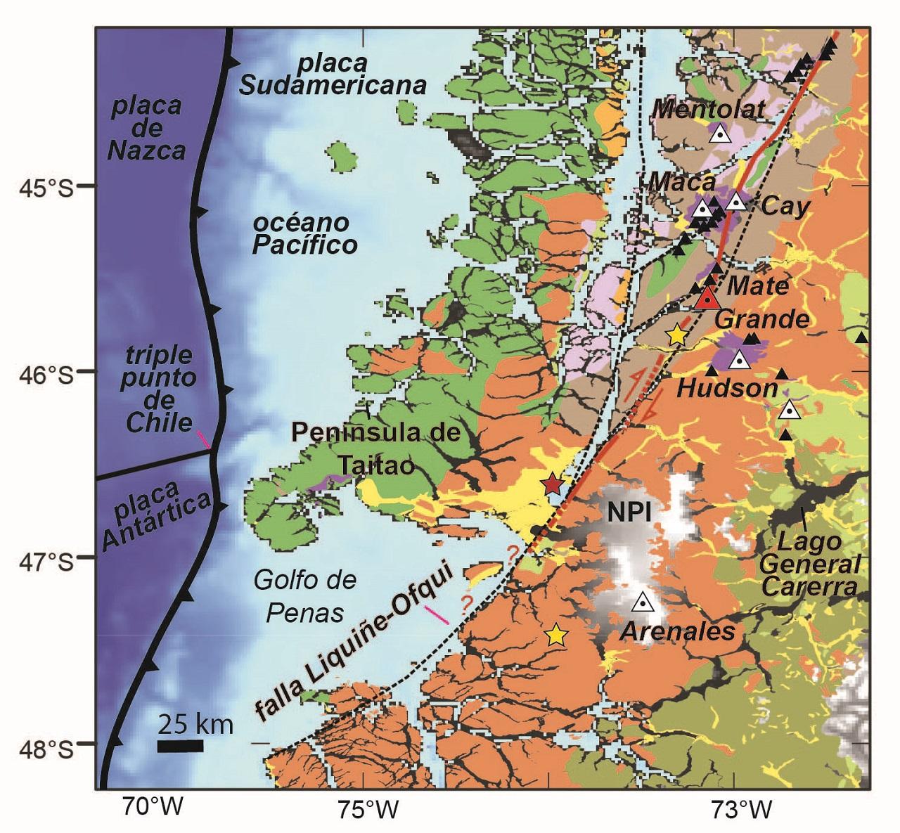 Entorno local y geología de la Falla Liquiñe-Ofqui. Al sur, se observa el rastro principal mapeado de la Falla, la correlación con los volcanes junto a la ubicación del Volcán Mate Grande (VMG) y la caldera que fueron descubiertos durante esta investigación (1: 1,000,000; SERNAGEOMIN, 2003).